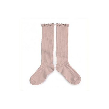 Chaussettes hautes "Dentelle" Vieux rose - Made in France