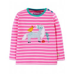 T-shirt "Button Applique Top, Guava Pink Stripe/Horse" - coton bio